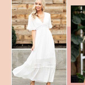 White Ruffle Sleeve Maxi Dress with Lace